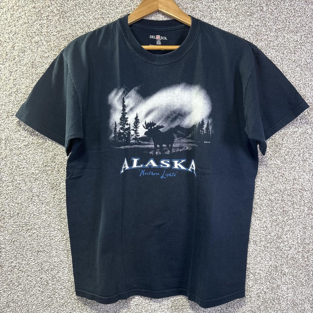 Del Sol Alaska‎ Northern Lights Shirt Mens Large Black Moose Graphic Tee Nature
